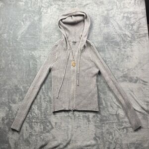 Savage X Fenty Women's 2X Gray Ribbed Knit Full Zip Hooded Sweater Hoodie